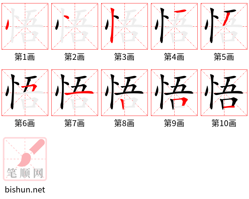 悟 笔顺规范